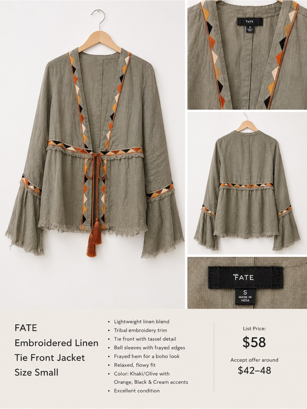 Fate Olive Linen Tie-Front Jacket with Orange, Black & Cream Trim